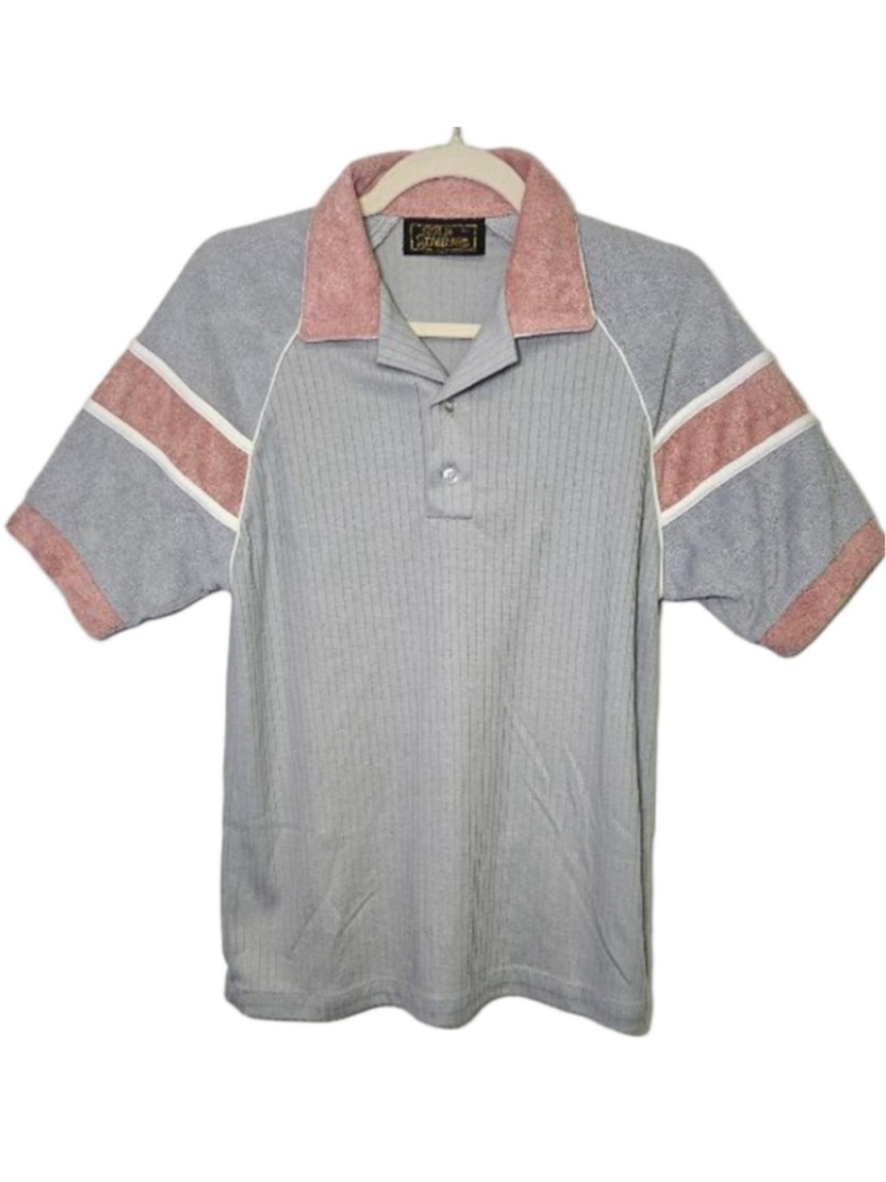 Vintage Gold Standard Terry Cloth Polo Shirt XL Gray Pink Retro 70s 80s